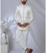 White rayon embroidered bandhgala for mens