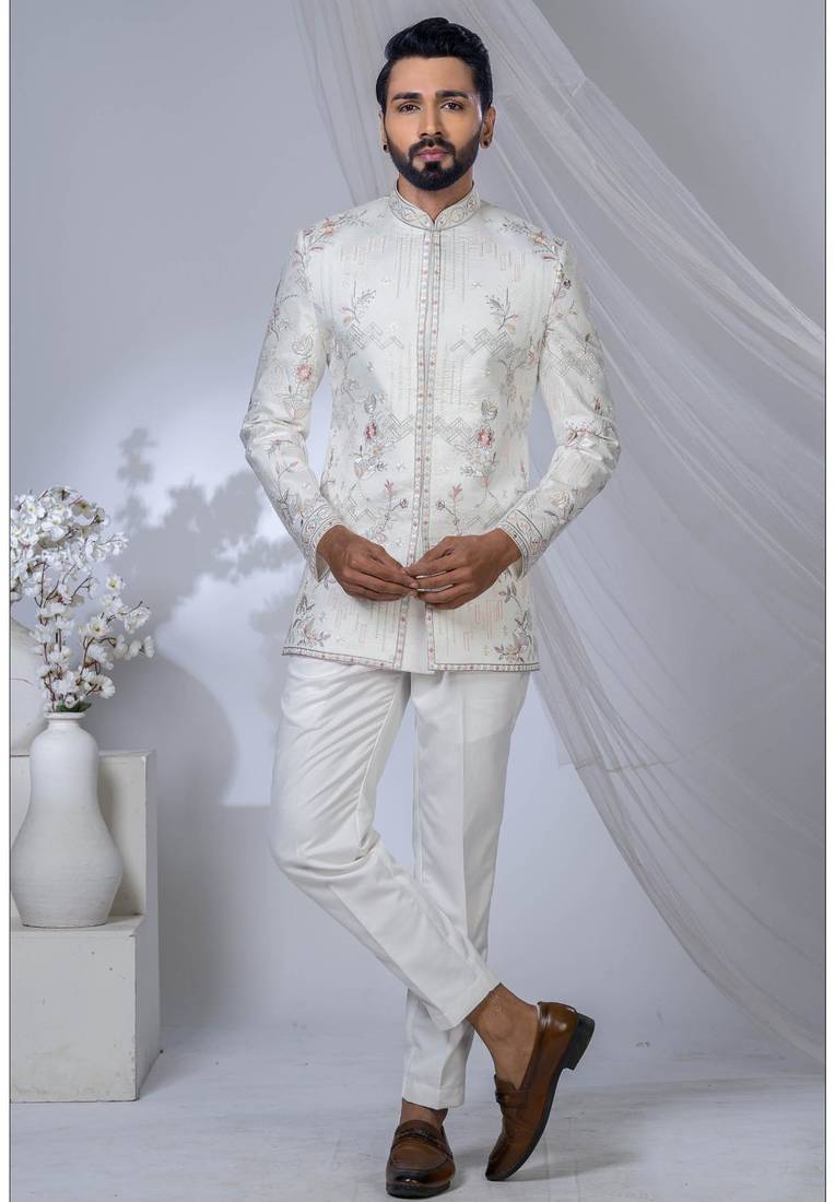 White rayon embroidered bandhgala for mens