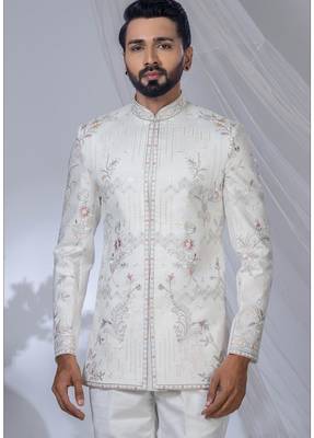 White rayon embroidered bandhgala for mens 2