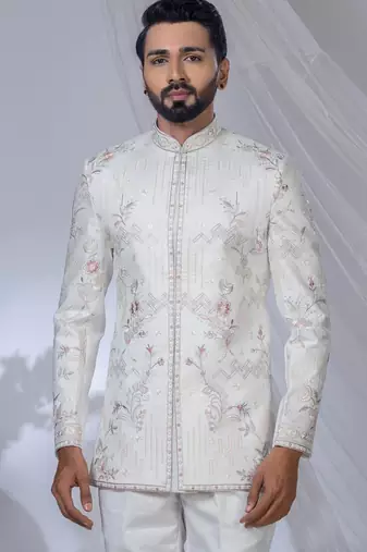 White rayon embroidered bandhgala for mens