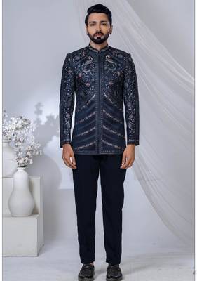 Blue rayon embroidered bandhgala for mens 1