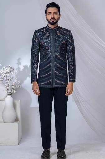 Blue rayon embroidered bandhgala for mens