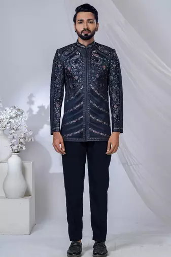 Blue rayon embroidered bandhgala for mens