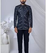 Blue rayon embroidered bandhgala for mens