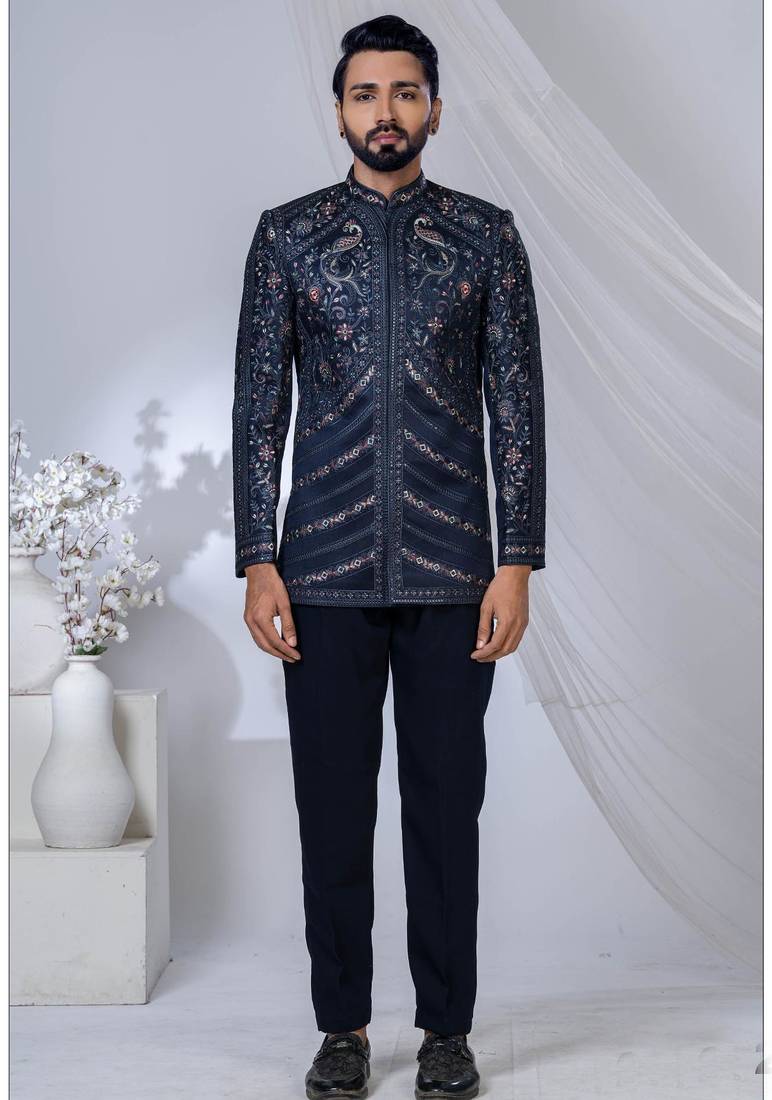 Blue rayon embroidered bandhgala for mens