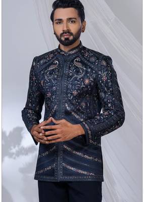 Blue rayon embroidered bandhgala for mens 2