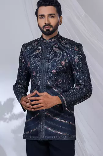 Blue rayon embroidered bandhgala for mens