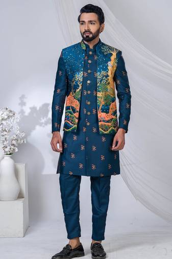 Blue silk embroidered indo western for mens