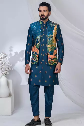 Blue silk embroidered indo western for mens