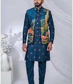 Blue silk embroidered indo western for mens