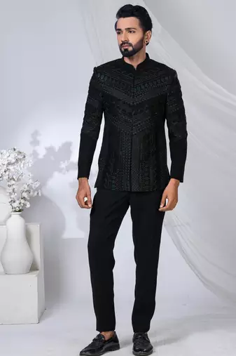 Black rayon hand woven bandhgala for mens