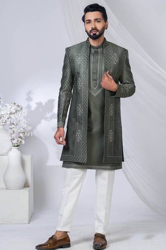 Green silk embroidered indo western for mens