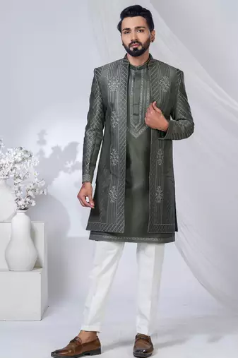 Green silk embroidered indo western for mens