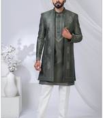 Green silk embroidered indo western for mens