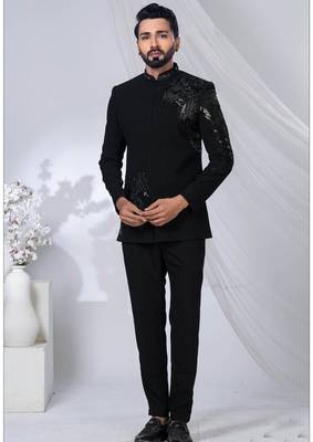 Black rayon hand woven bandhgala for mens 1