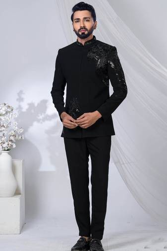 Black rayon hand woven bandhgala for mens
