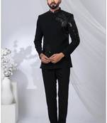 Black rayon hand woven bandhgala for mens