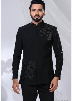 Black rayon hand woven bandhgala for mens 2