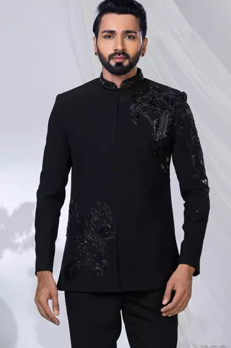 Black rayon hand woven bandhgala for mens
