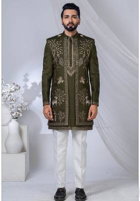 Green silk embroidered indo western for mens 1