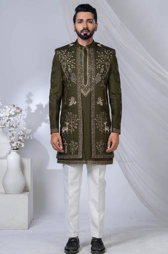 Green silk embroidered indo western for mens