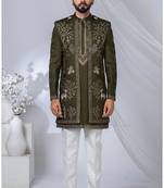 Green silk embroidered indo western for mens