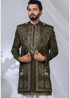Green silk embroidered indo western for mens 2