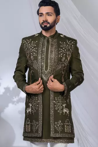 Green silk embroidered indo western for mens
