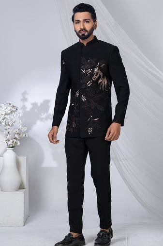 Black rayon hand woven bandhgala for mens