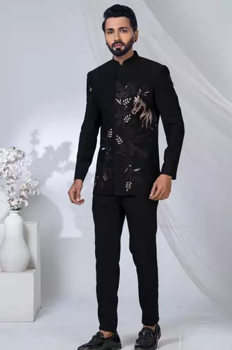 Black rayon hand woven bandhgala for mens