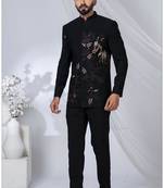 Black rayon hand woven bandhgala for mens