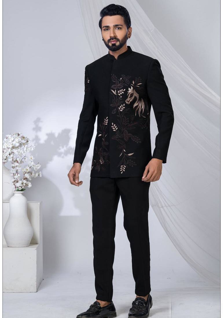 Black rayon hand woven bandhgala for mens