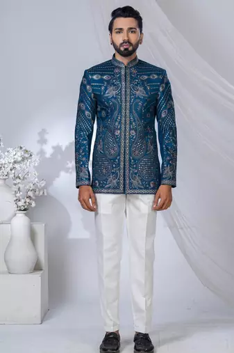 Blue rayon embroidered bandhgala for mens