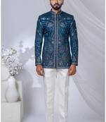 Blue rayon embroidered bandhgala for mens