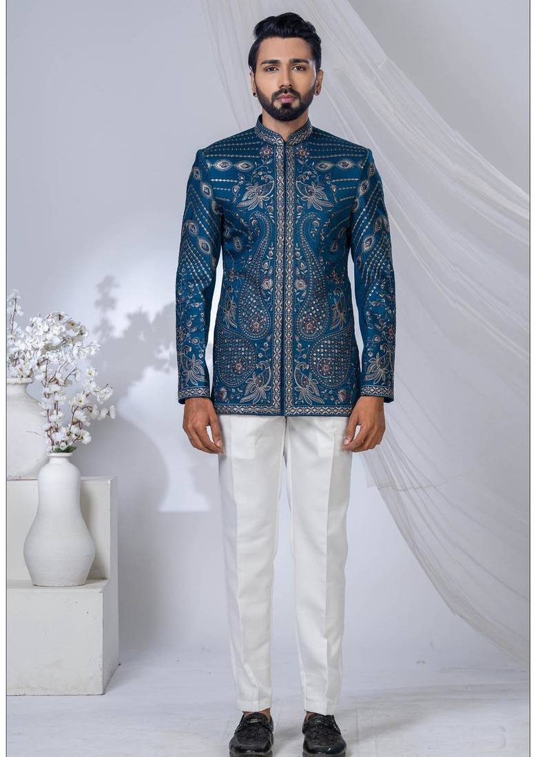 Blue rayon embroidered bandhgala for mens