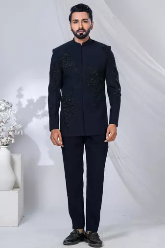 Blue rayon hand woven bandhgala for mens