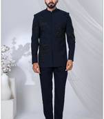 Blue rayon hand woven bandhgala for mens