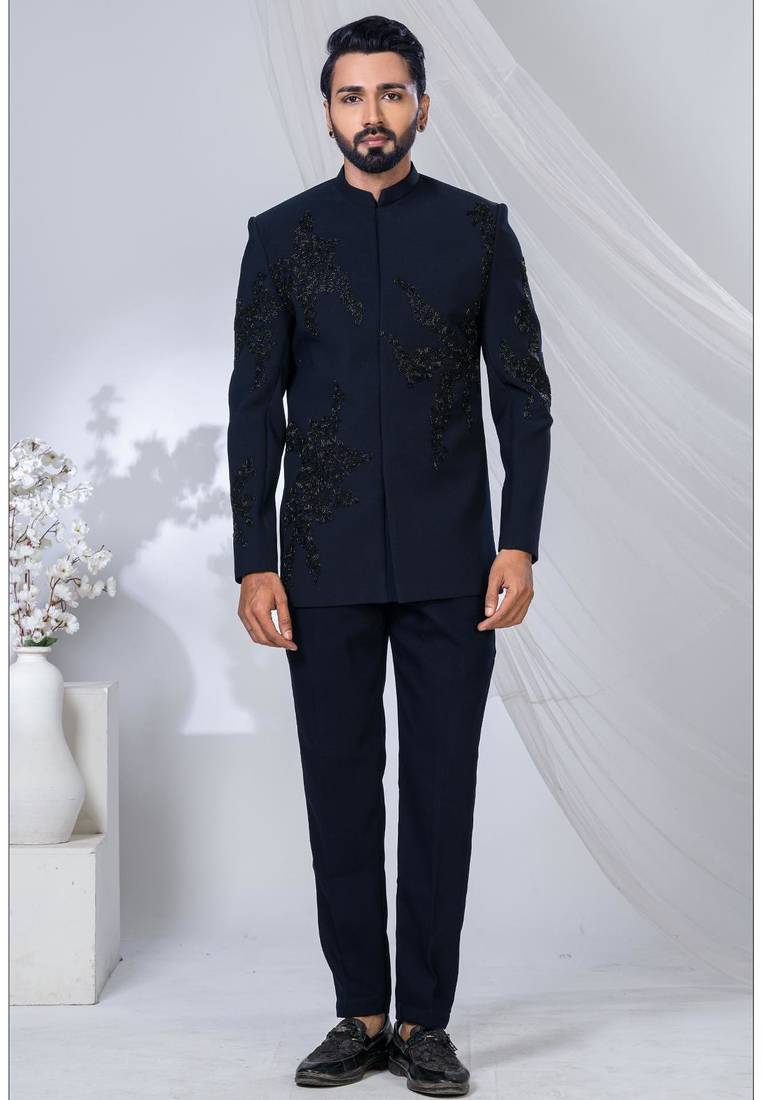 Blue rayon hand woven bandhgala for mens