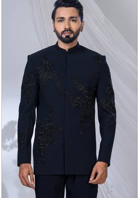 Blue rayon hand woven bandhgala for mens 2