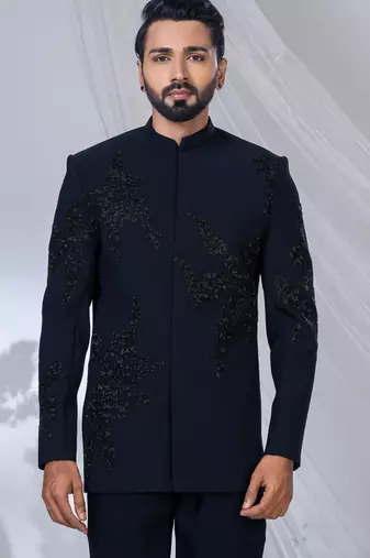 Blue rayon hand woven bandhgala for mens