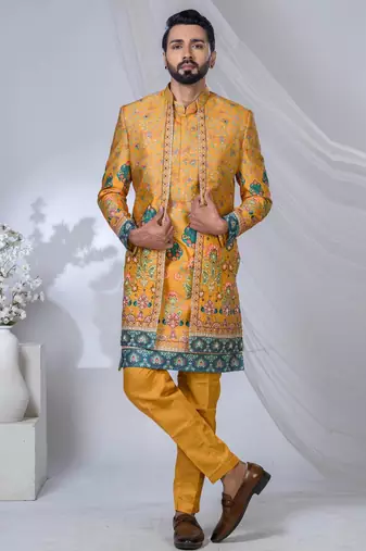 Yellow silk embroidered indo western for mens