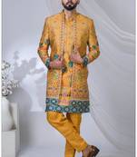 Yellow silk embroidered indo western for mens