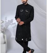 Black rayon hand woven sherwani for mens