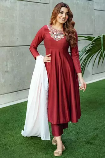 MAROON SILK EMBROIDERY  PARTY WEAR SUIT SET 