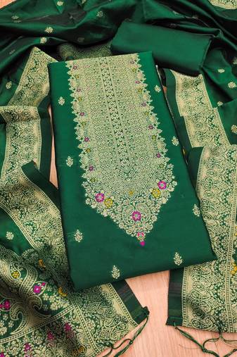 Green designer partywear paithani banarasi dress material