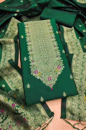 Green designer partywear paithani banarasi dress material