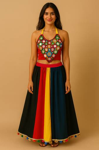 Multicolour Cotton Navratri Chaniya Choli with Mirror Halter Top Garba dress