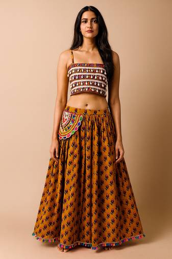 Mustard Printed Cotton Lehenga with Cowrie & Mirror Work Strappy Choli Garba Dress