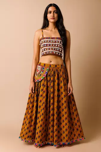 Navratri Mustard Cotton lehenga set for womens-Free Size