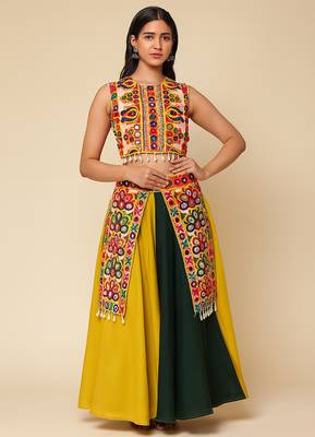 Navratri Yellow Rayon lehenga set for womens-Free Size 1
